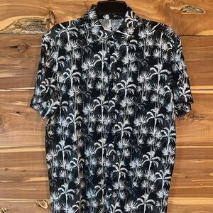 Black and White Casual Button Down Shirt with Palm Tree Print